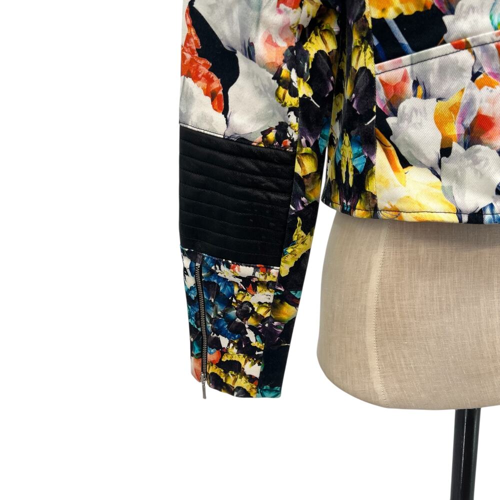 Nicholas Digi Floral Moto Jacket‎ Cotton Blend Leather Trim Multicolor US 4 - Picture 12 of 16